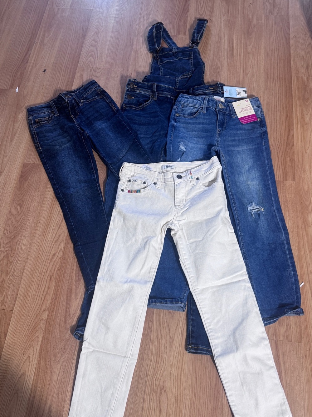 Kids Denim Jeans Bundle - White and Dark Blue Styles, overalls and 10/12 .